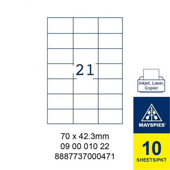 MAYSPIES 09 00 010 22 LABEL FOR INKJET / LASER / COPIER 10 SHEETS/PKT WHITE 70 X 42.3MM